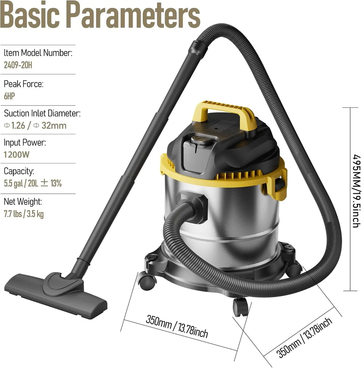 5 Gallon Stainless Steel Wet Dry Vacuum Cleaner with Blower Function, Strong Suction for Dust, Debris, Liquid.