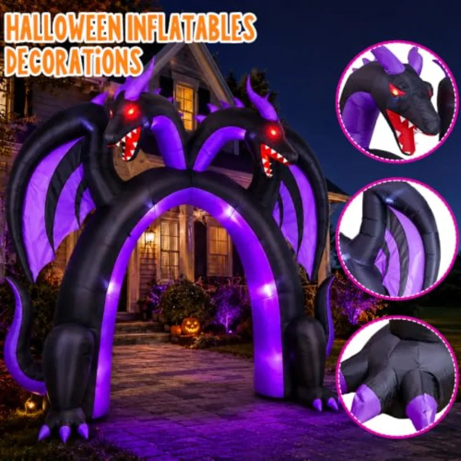 Halloween inflatable dragon archway for outdoor use, PVC material, black and red, double-headed walk-through design .