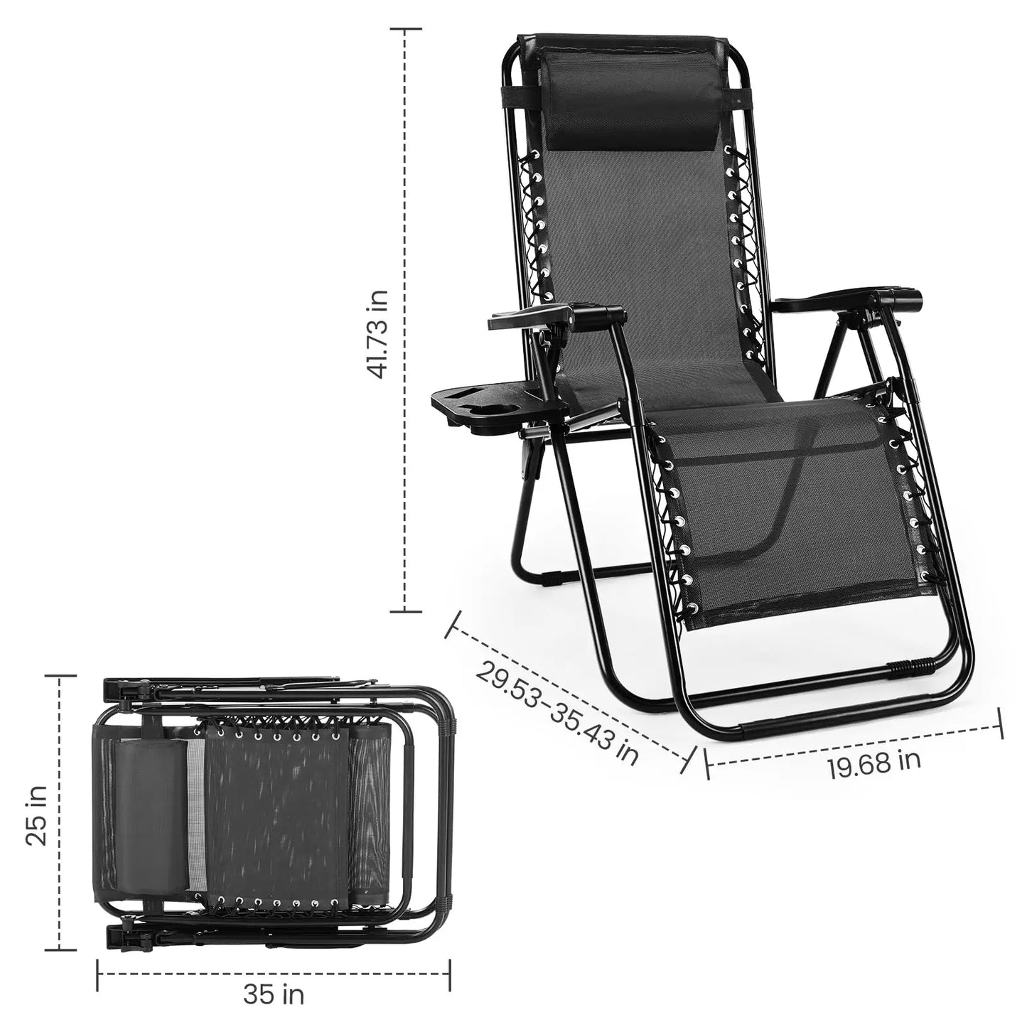 Zero Gravity Portable Recliner  with Cup Holder Trays Adjustable Pillow.