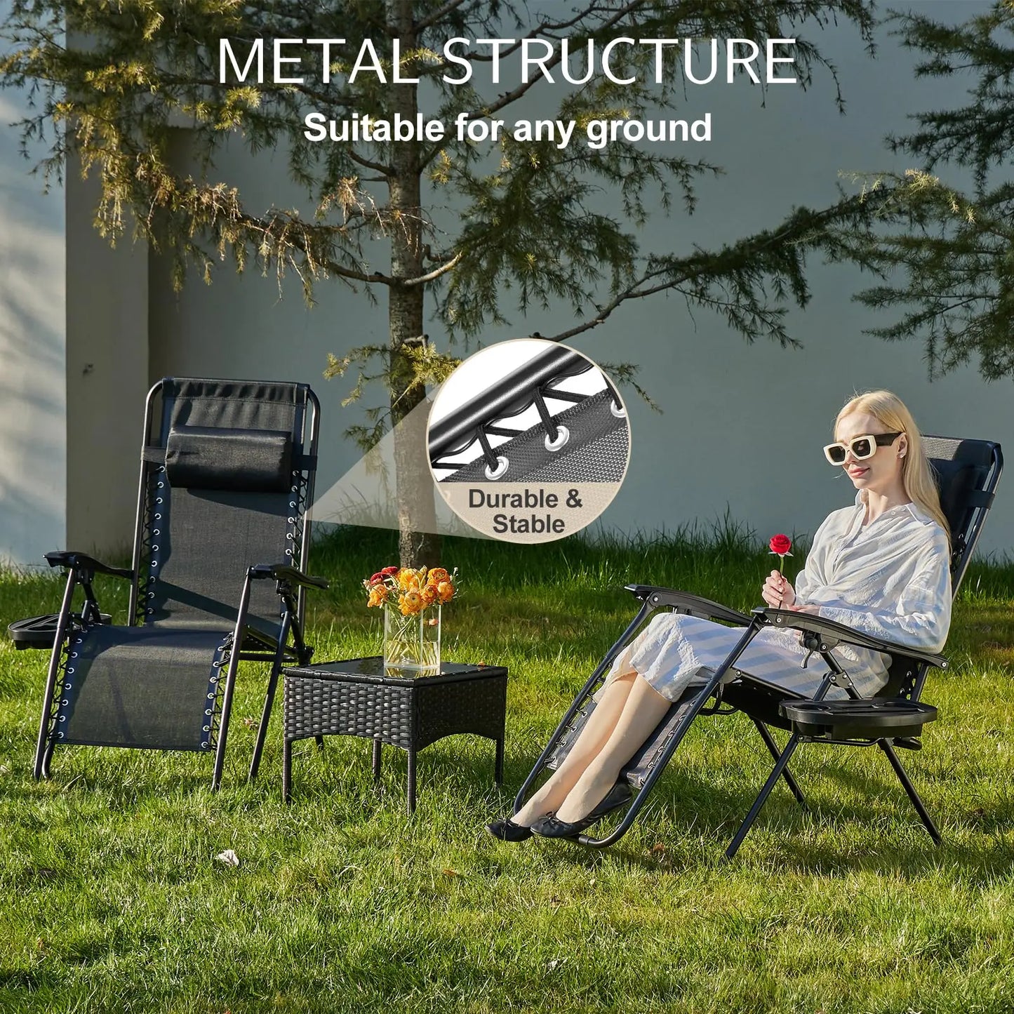 Zero Gravity Portable Recliner  with Cup Holder Trays Adjustable Pillow.