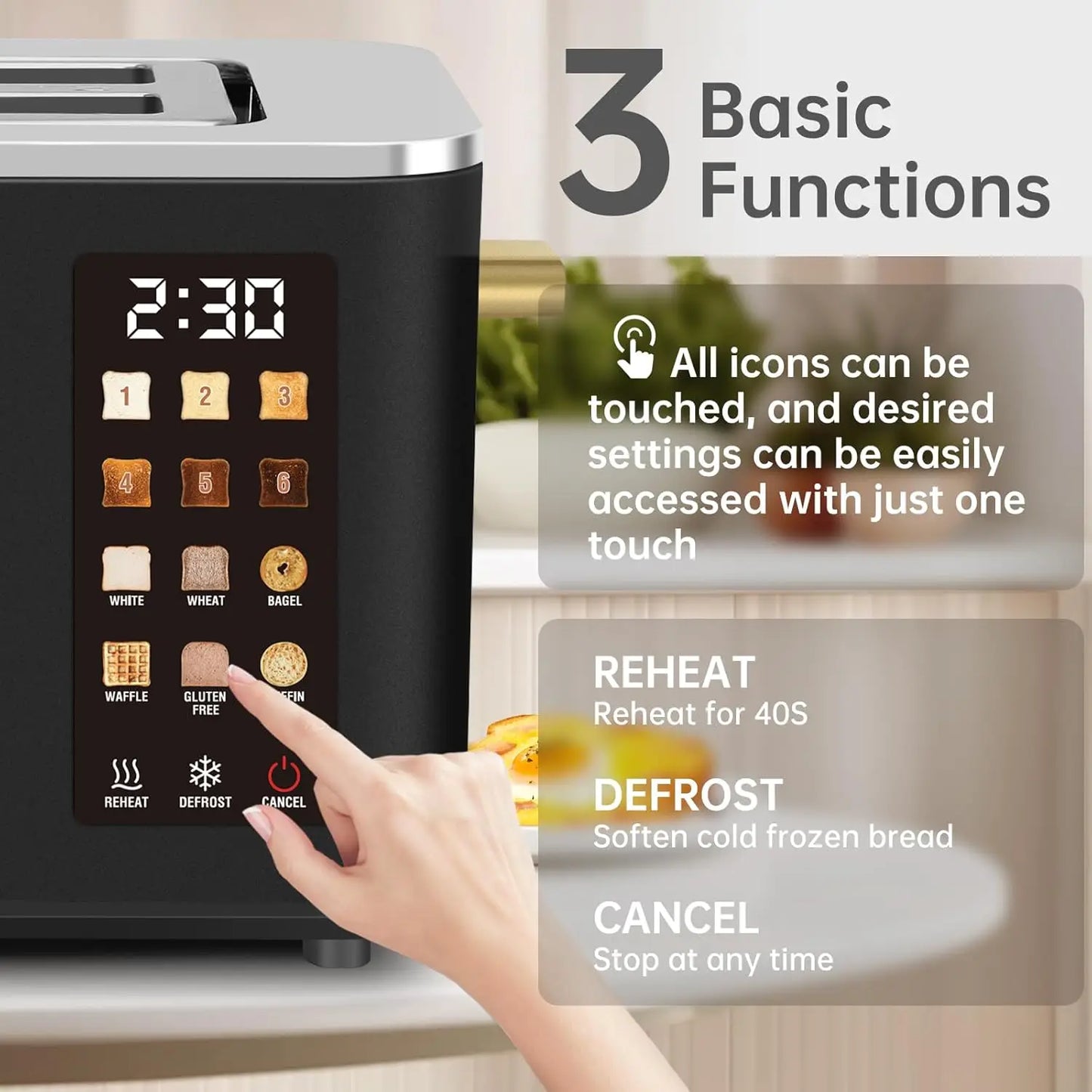 Toaster 2 Slice, Touch Control Screen, Smart Stainless Toaster, 6 Shade Setting, 6 Bread Selection, Countdown, Removable Crumb Tray, .