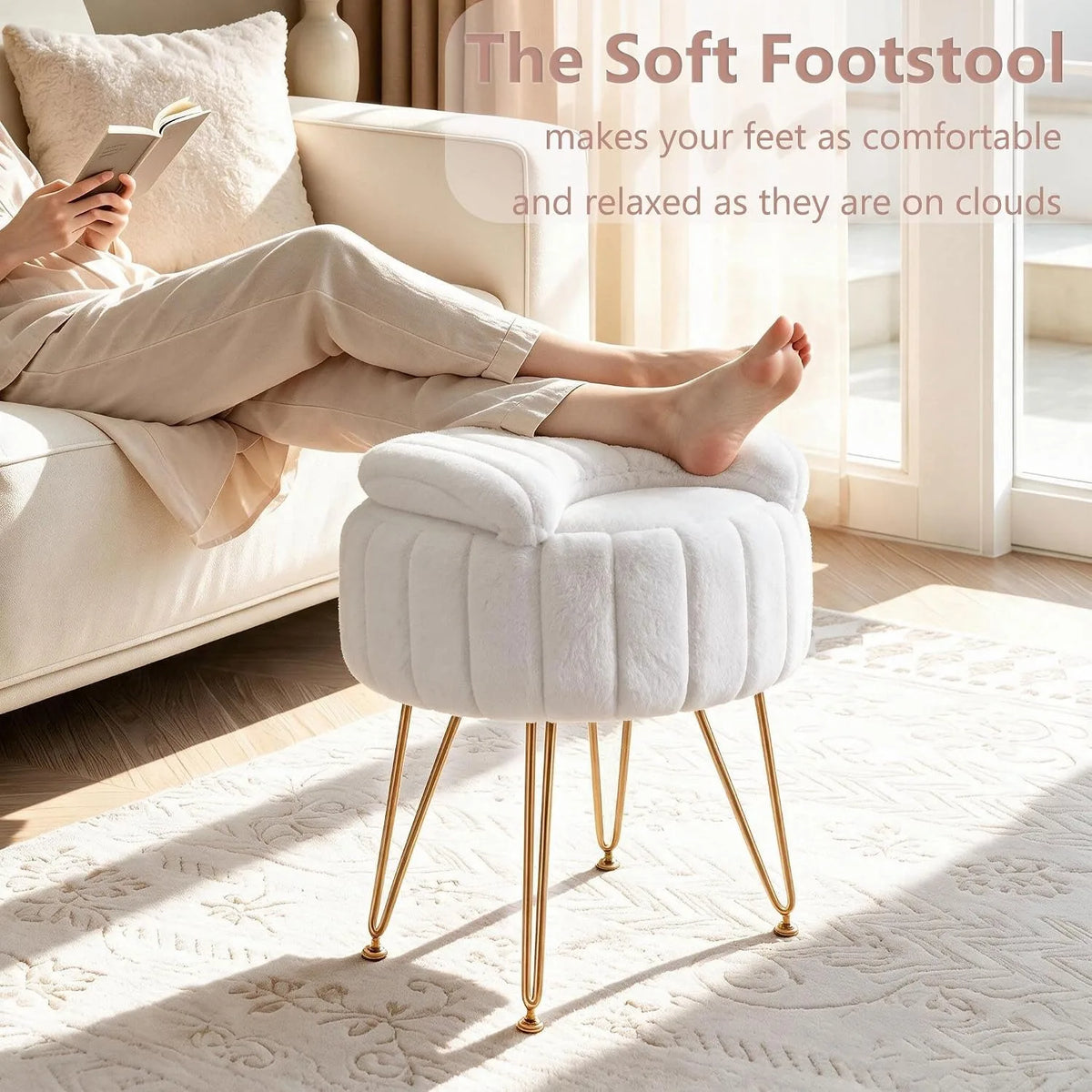 White Faux Fur Vanity Stool Chair with 7.9 Liter Hidden Storage Folding Backrest Thick Padded Seat Gold Metal Legs .