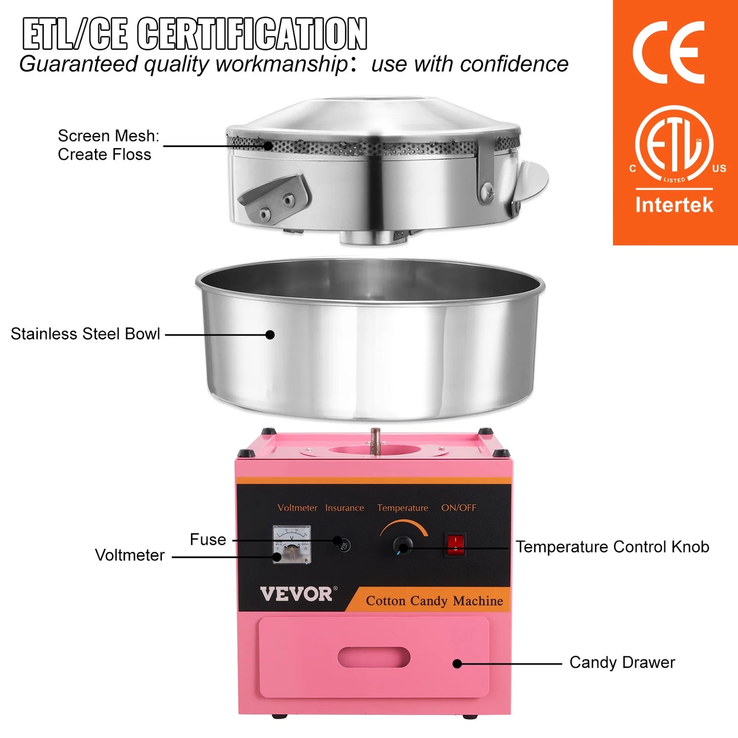 Electric Cotton Candy Machine Commercial Floss Maker w/ Stainless Steel Bowl Sugar Scoop and Drawer .