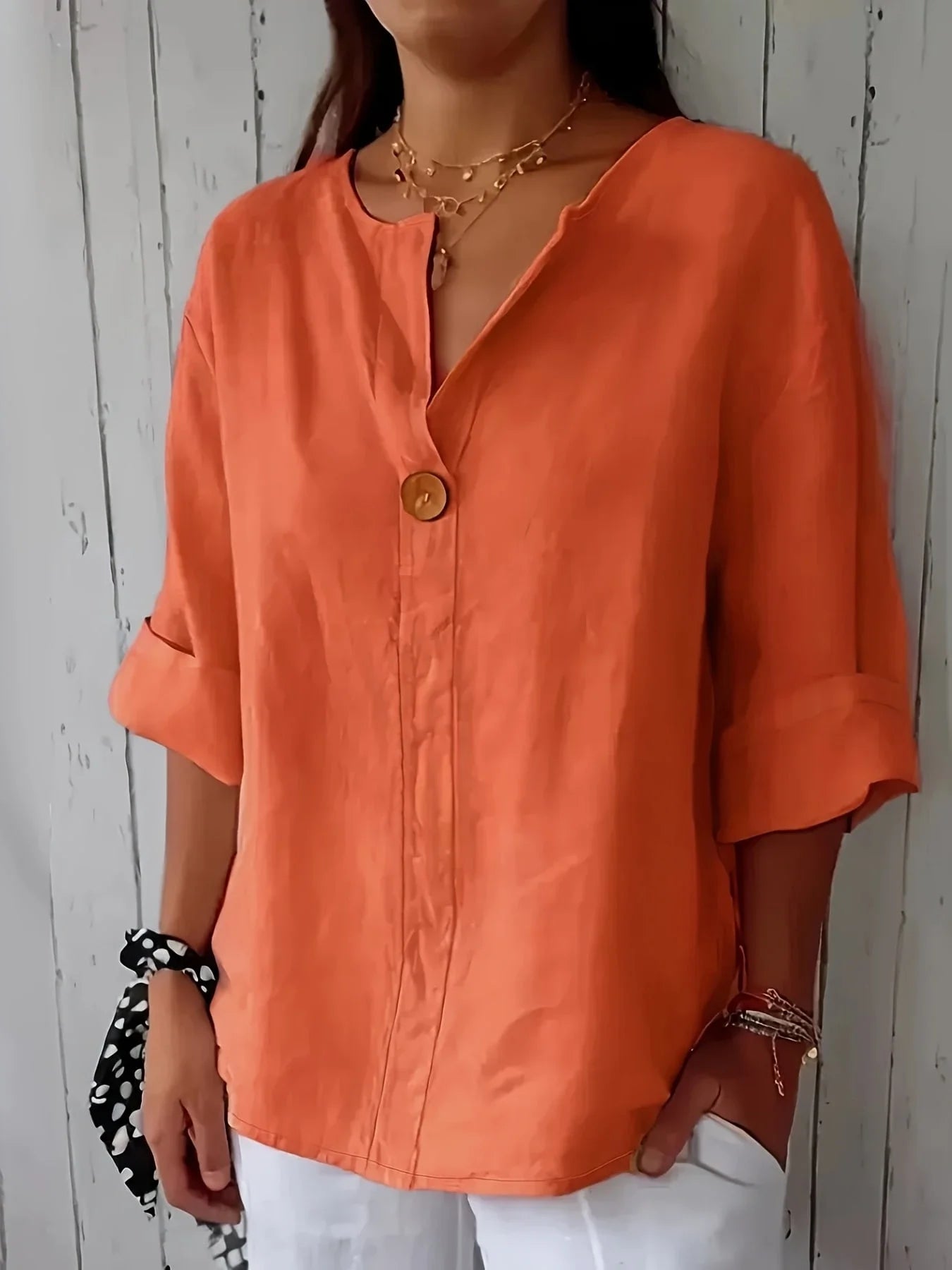 Women's Notched Collar Button Up Woven Blouse Loose Fit Spring
