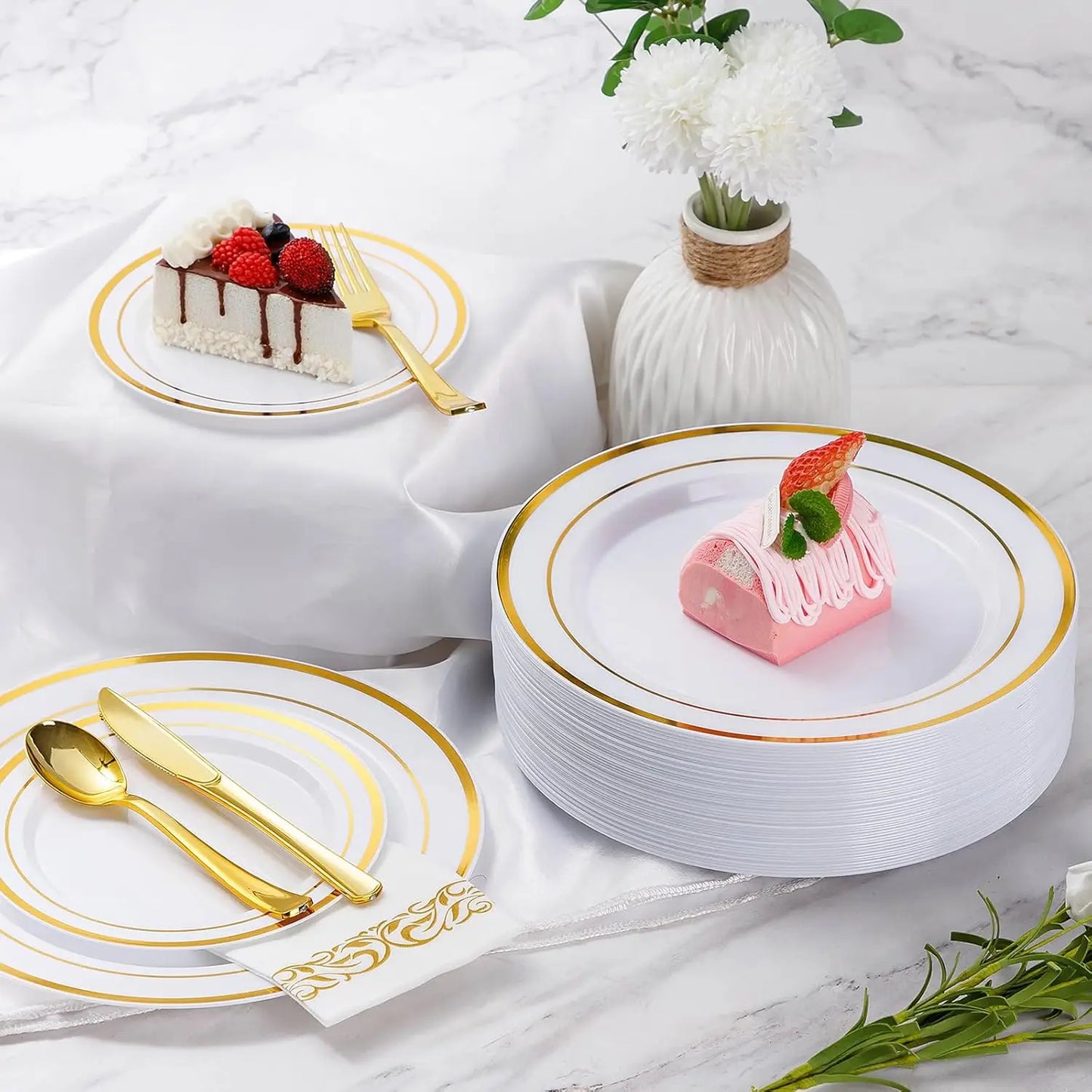 700 Pieces Gold Dinnerware Set for 100 Guests. Include: 100 Gold Rim Dinner Plates, 100 Dessert Plates, 10
