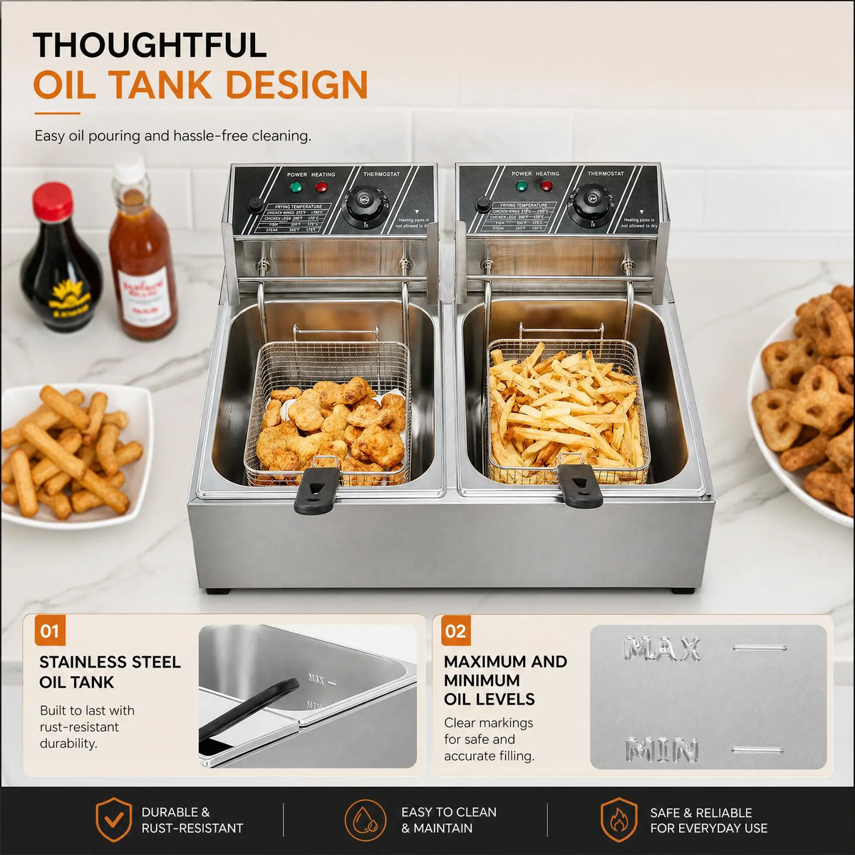 Commercial Deep Fryer, 3400W Electric Countertop Fryer with 2 Baskets & Lids, 22.8QT Dual Tank Stainless Steel .