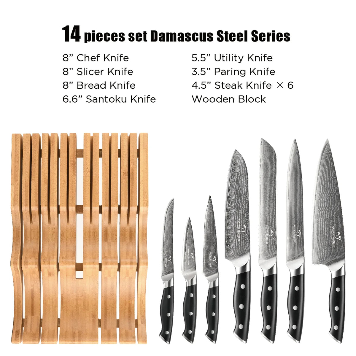 14 Pieces VG10 Damascus Steel Kitchen Knife Set Black Handle .