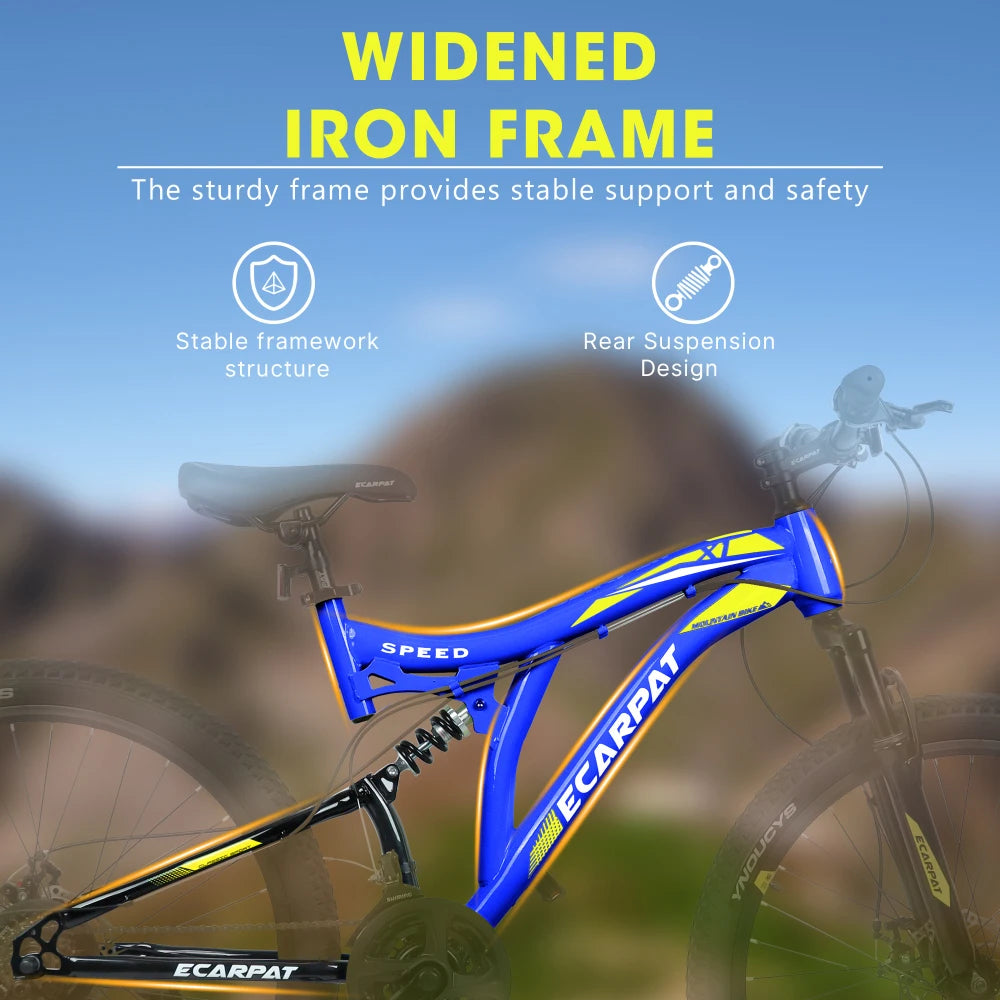 26 Inch Mountain Bike with 21-Speeds & Full Suspension Steel Frame, Alloy Rims, Disc Brakes For All Terrains,.