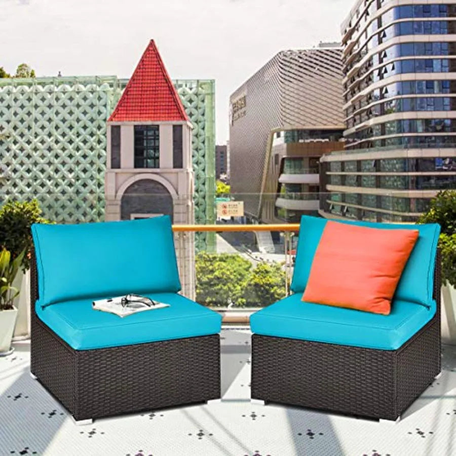 2PCS Wicker Patio Conversation Set Chairs with Soft Cushion, . Turquoise