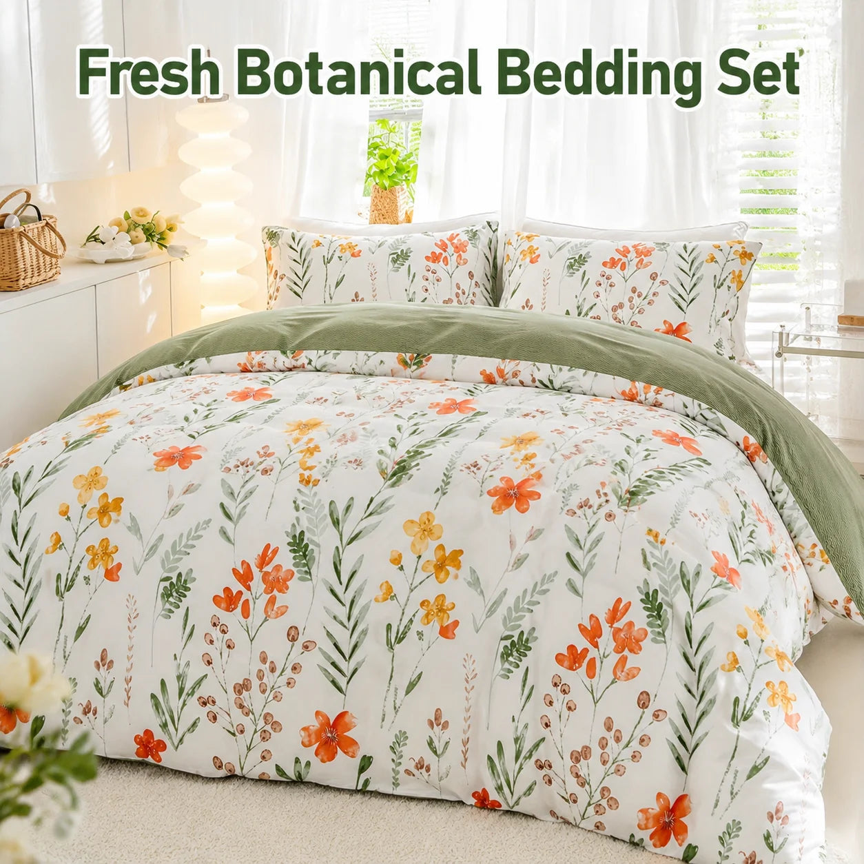 Botanical Floral Duvet Cover Set, Green White Bedding Set, Soft Plant Print Bed Cover with Pillowcases, .