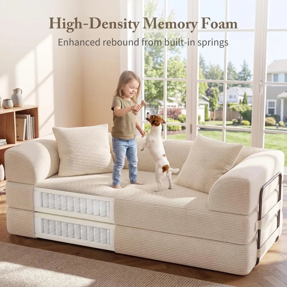 70" Convertible Floor Sofa Bed - 5-in-1 Foldable Couch with High-Density Sponge, Corduroy Fabric (Beige)
