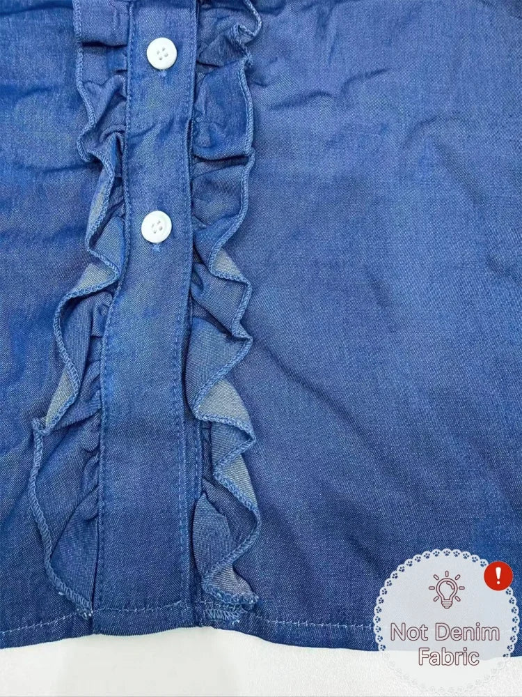 Round Neck Puff Short Sleeve Ruffle Placket Button Front Loose Casual Blouse.