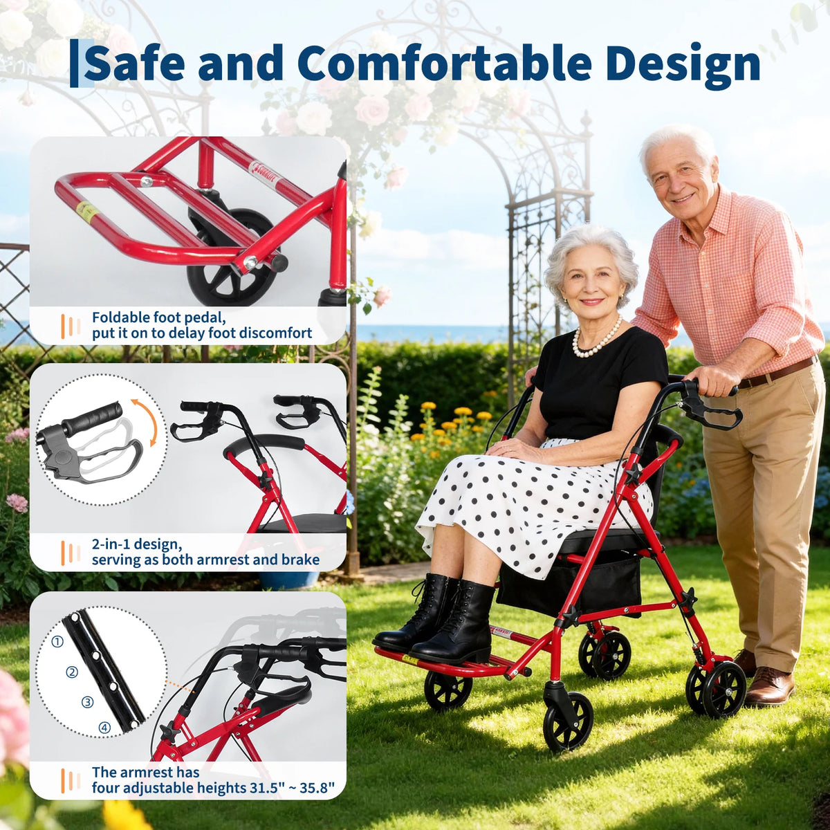 Lightweight Foldable Transport Wheelchair for Adults Foldable Portable Wheelchair Adjustable Height & Under seat Storage Bag