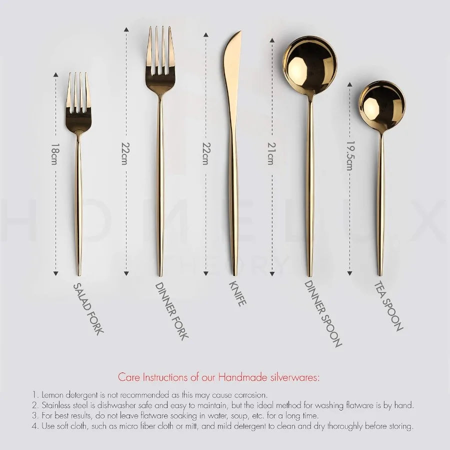 18/10 Gold Silverware Set, 5pc Mirror Polished Modern Silverware Set, .