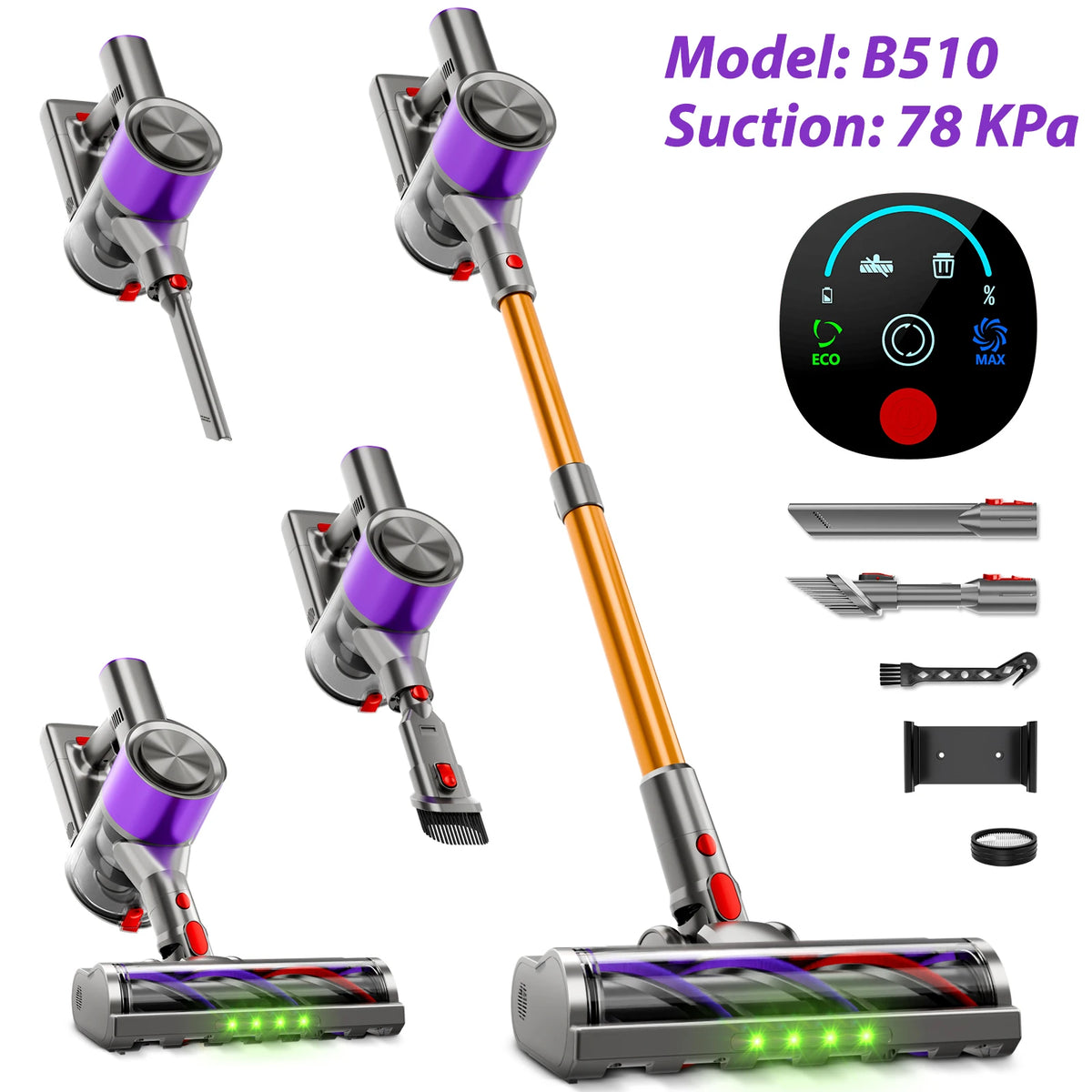 78KPa Powerful Cordless Vacuum Cleaner LED Display 45Mins Self Standing Stick Vacuum 1.5L Large Dust Cup .