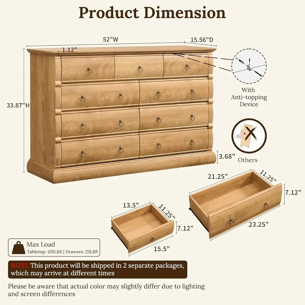 Vintage 52 Wide Chest with Curved Fronts and Retro Ring Pulls, Light Walnut Wood Storage for Living Spaces