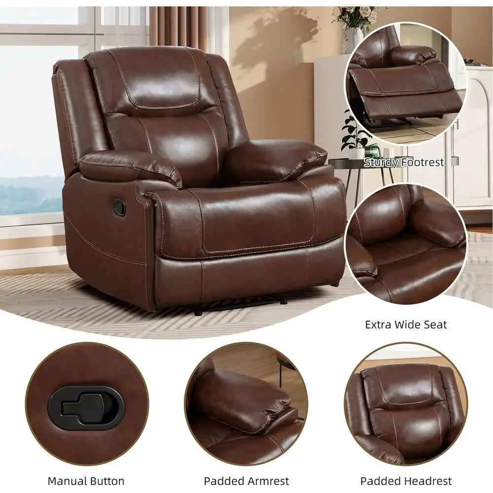 Brown Genuine Leather Manual Recliner Chair for Adults - Ideal for Living Room, Meeting Room, Bedroom, and Reading Spaces, Easy