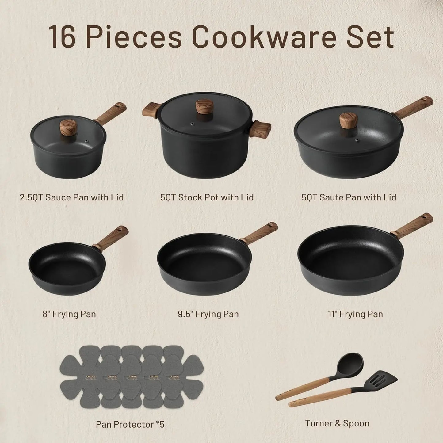 16-Piece Nonstick Cookware Set with Induction-Ready Pots and Pans
