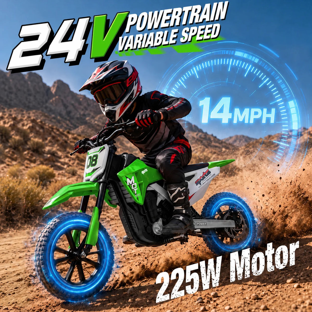 24V Kids Electric Dirt Bike, Powerful Motor 14MPH Ride‑on Motorcycle for Kids, 3‑Speed Adjustable with Disc Brake & Shock Absorption,