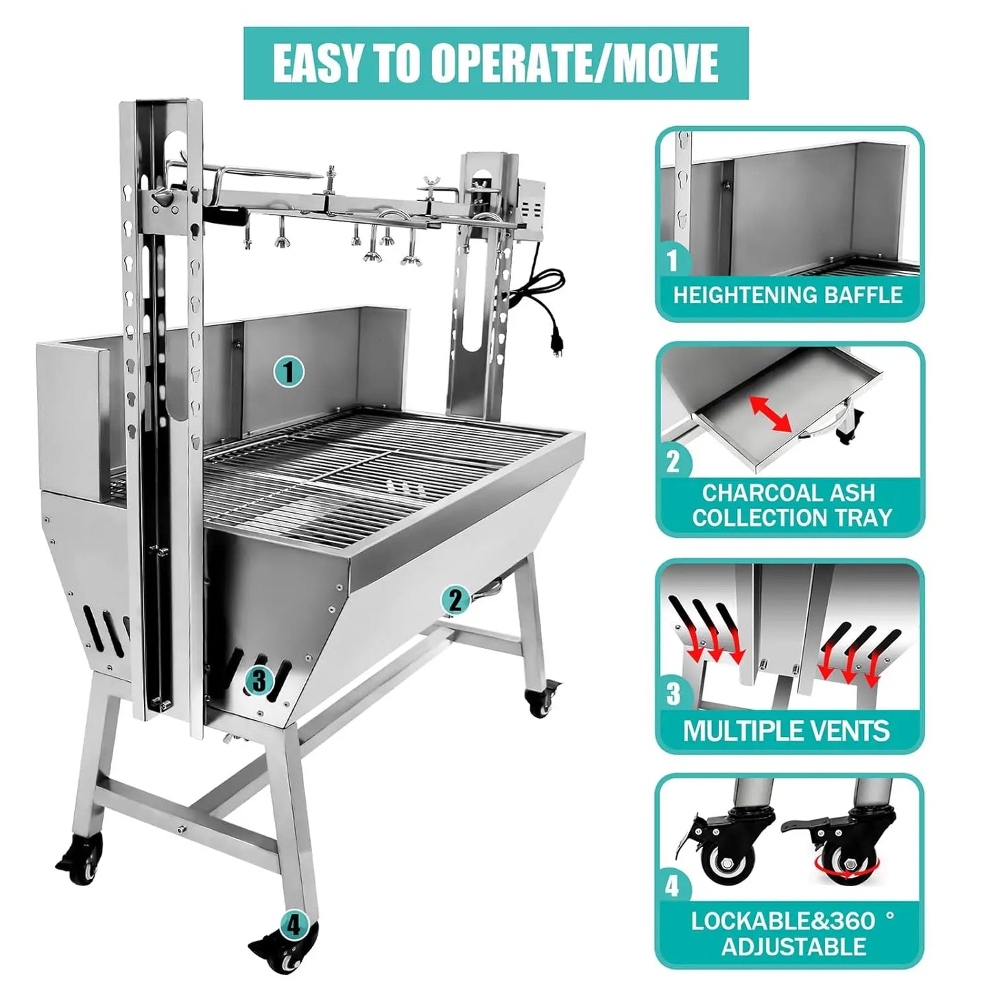 132LBS Stainless Steel Rotisserie Grill Roaster . with Back Cover Guard 25W Motor.