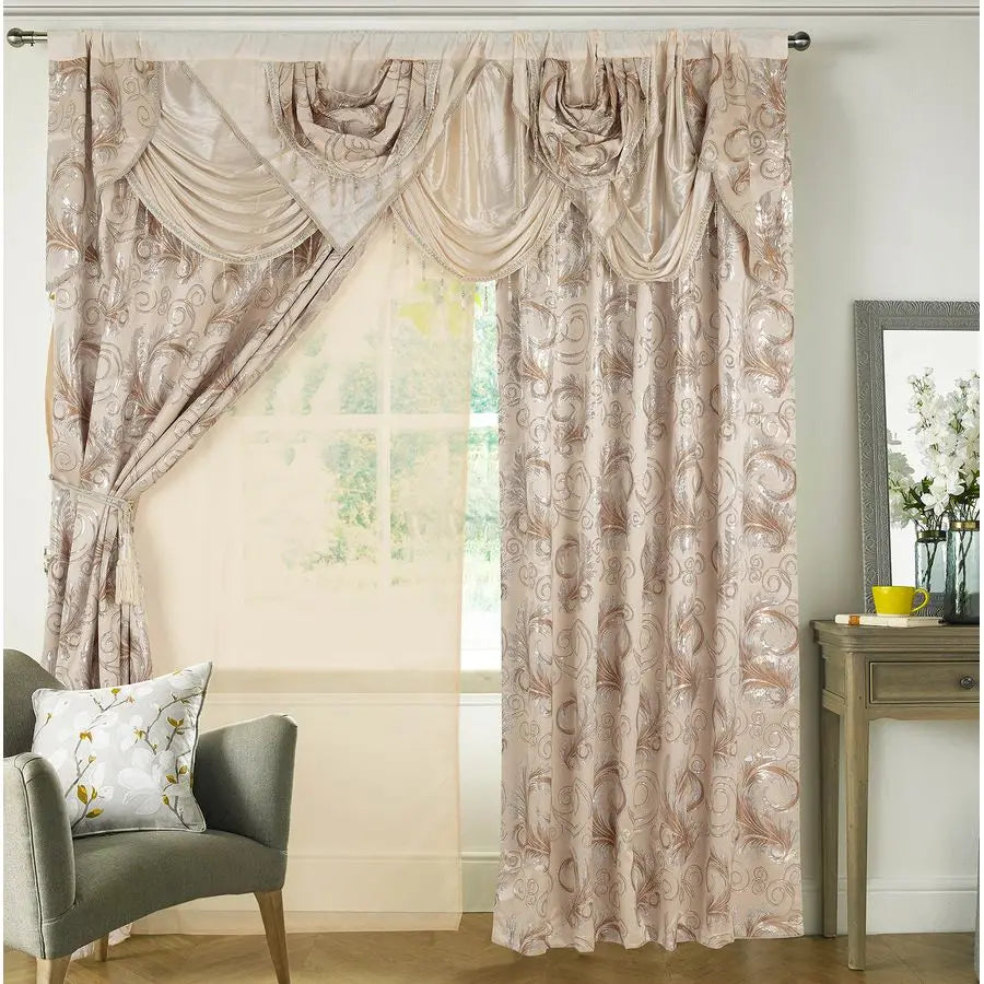 Jacquard Luxury Window 2 Panel Set Beige Curtain with Attached Valance and Backing  2 Curtains 55x84