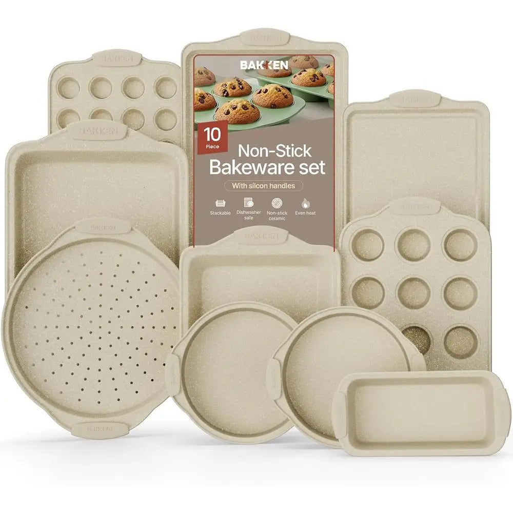Oven Pans - Nonstick Gray Coating, Carbon Steel Bakeware Set with White Silicone Handles,