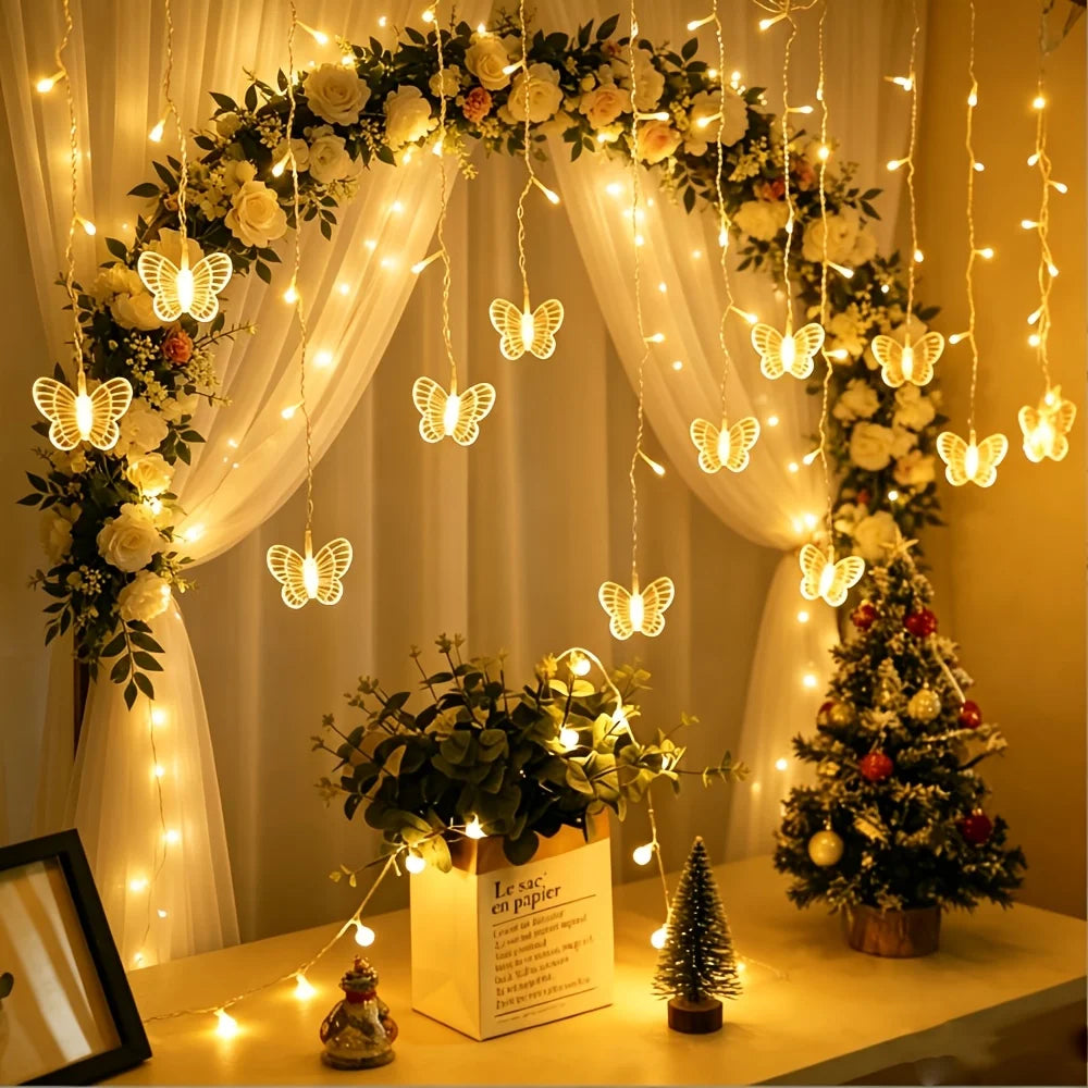 19.05ft Warm White USB- Curtain Lights with 8 Lighting Modes & Multi-Shape String Lights Suitable .(No Curtain Included)