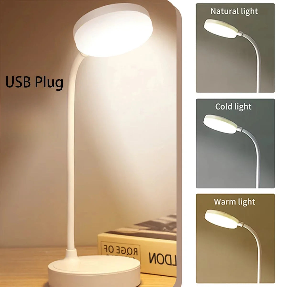 Flexible LED Desk Lamp with 3-Level Dimmer, USB Powered, Eye-Caring, Warm, White Light,
