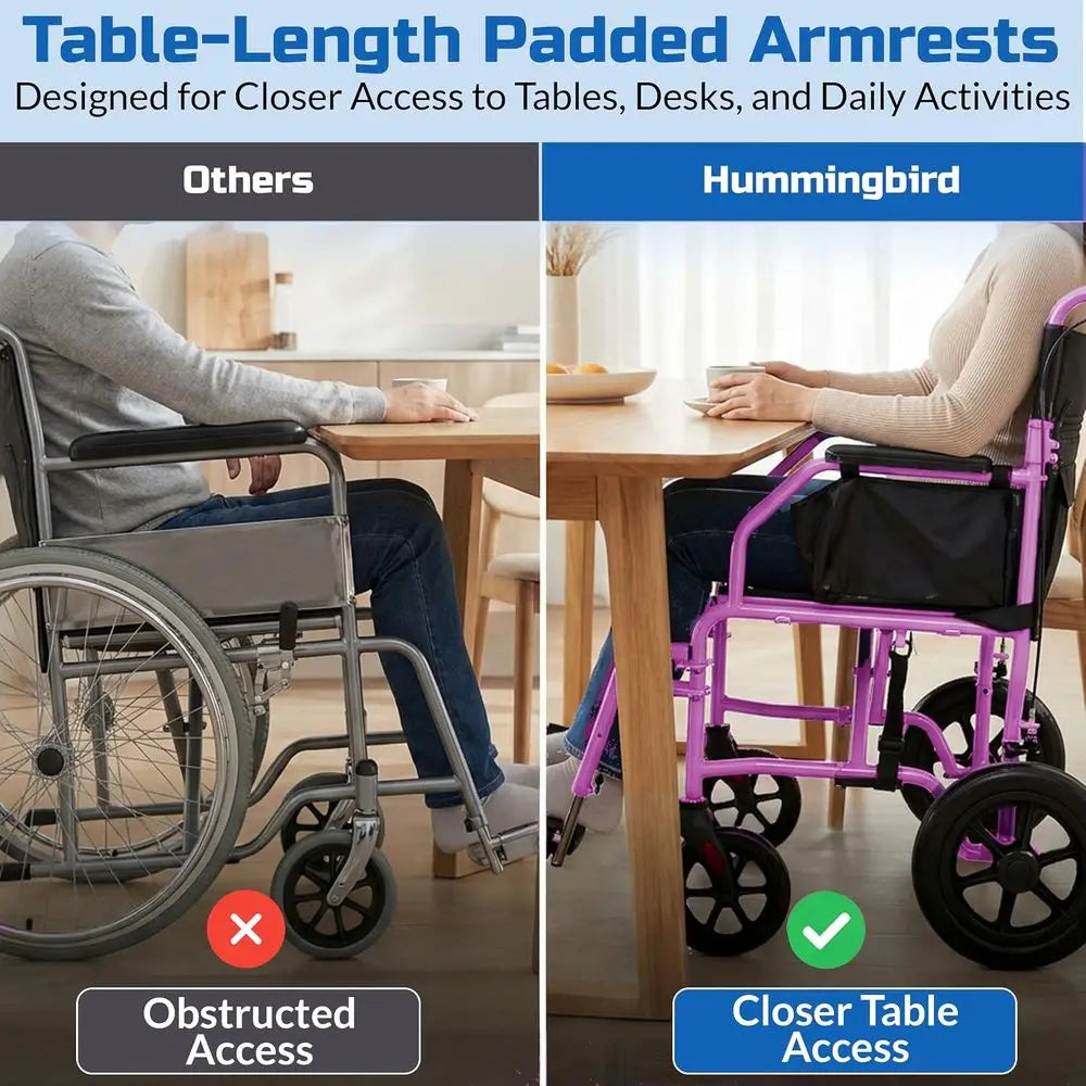 ingbird™ Ultra-Lightweight foldable Transport Wheelchair, Handbrakes,12-Inch Rear Wheels, Extra-Wide Seat.