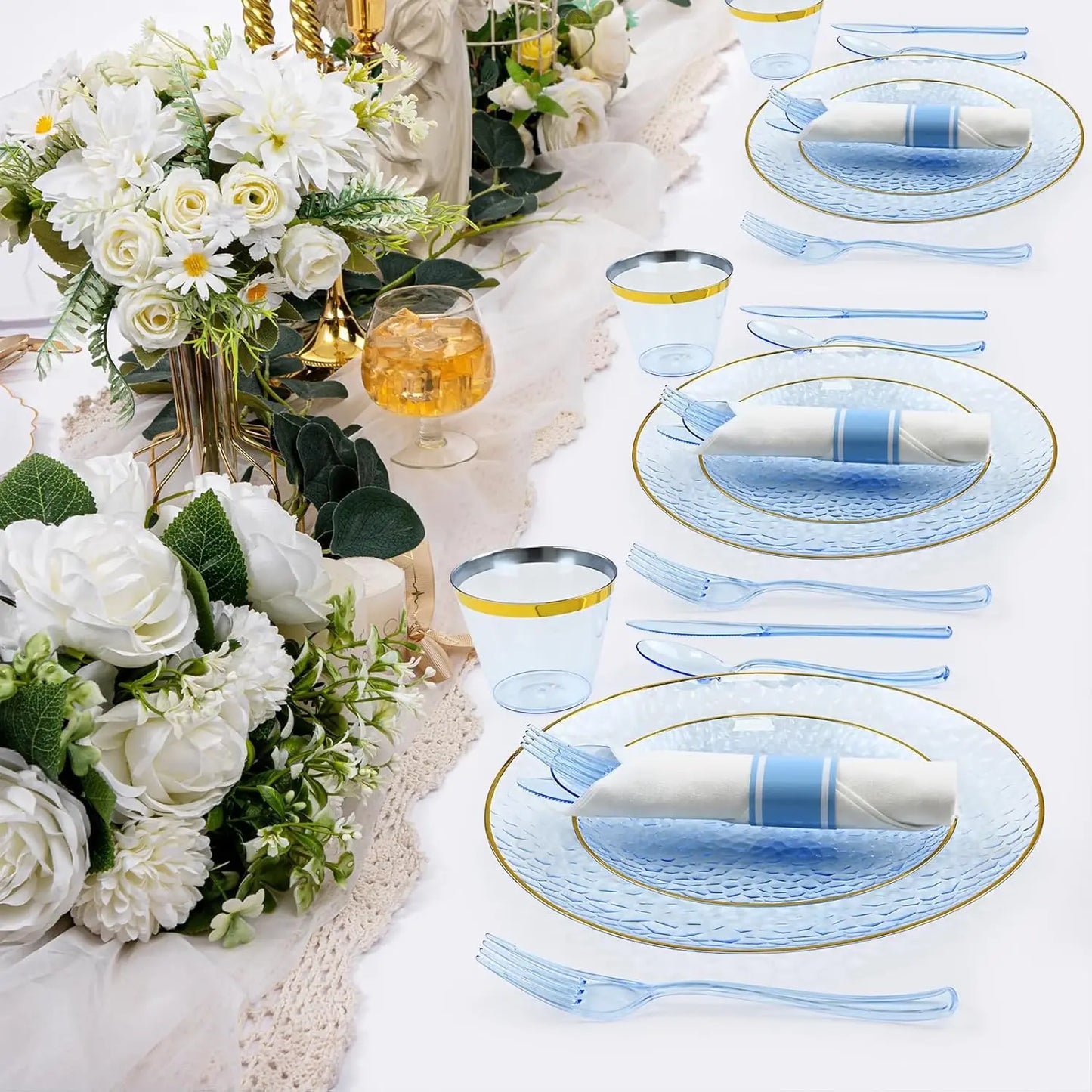 175PCS Gold and Blue Plastic Dinnerware Set – Clear Blue Disposable Plate with Gold Rim.