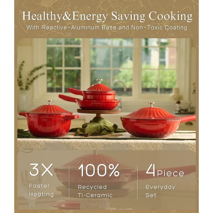 Nonstick Ceramic Cookware Set 7 Piece Titanium Cast Aluminum Pots and Pans Set with Lids.