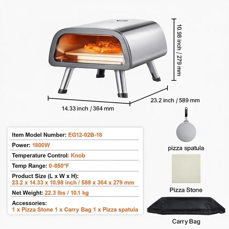 12" Electric Pizza Oven Countertop, Stainless Steel Pizza Maker Machine with Pizza Stone and Spatula, Heats up to 850°F.