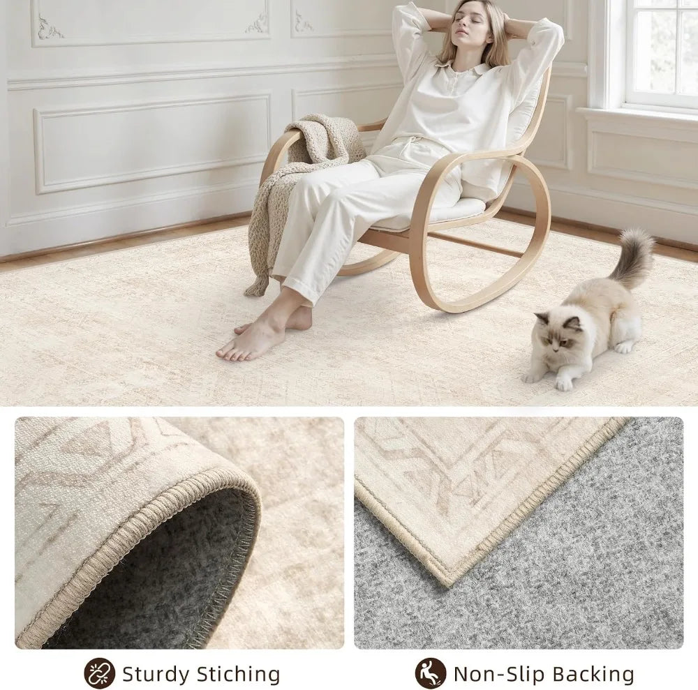Vintage Boho 8x10 Area Rug - Soft Washable Low Pile. Non-Slip