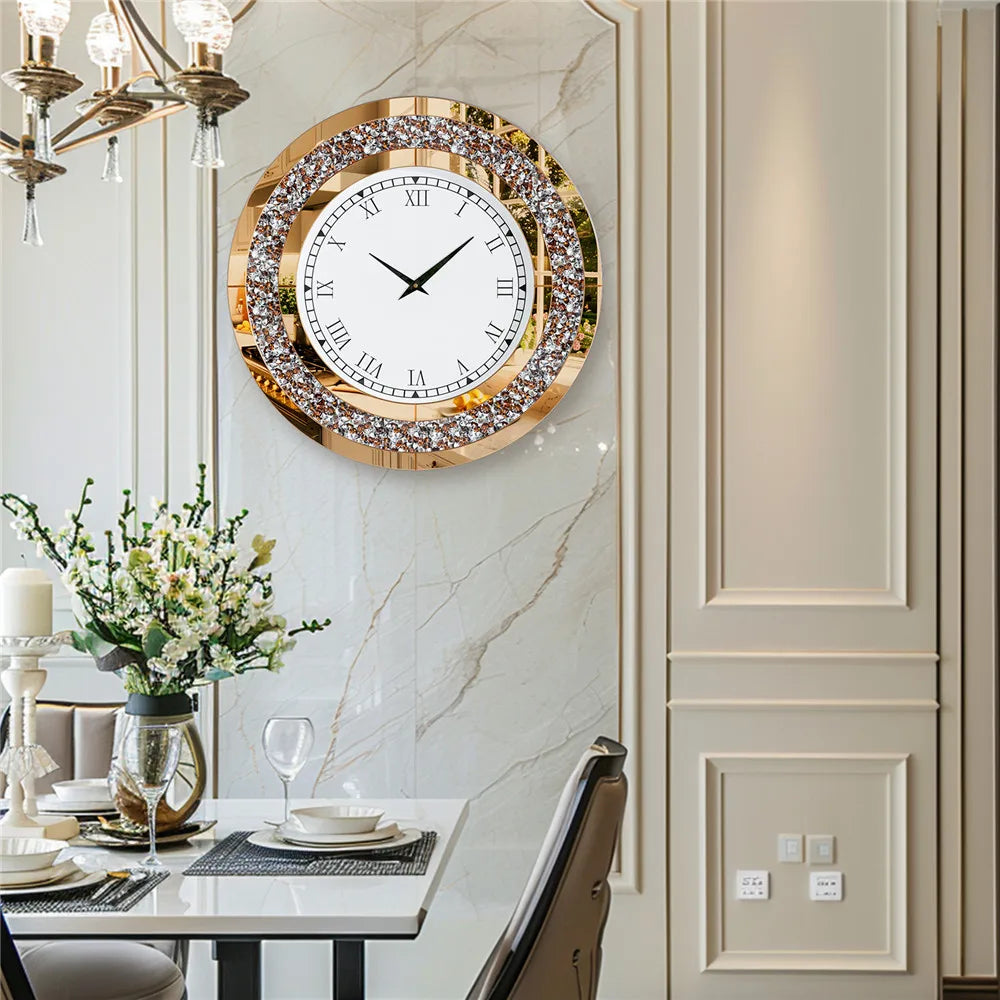 Large Mirror Wall Clock with Crushed Diamond Edge, Sparkling Bling Bling Crystal Round Clock. Luxury Glamorous Home Decor, Silent Non-Ticking Quartz, .
