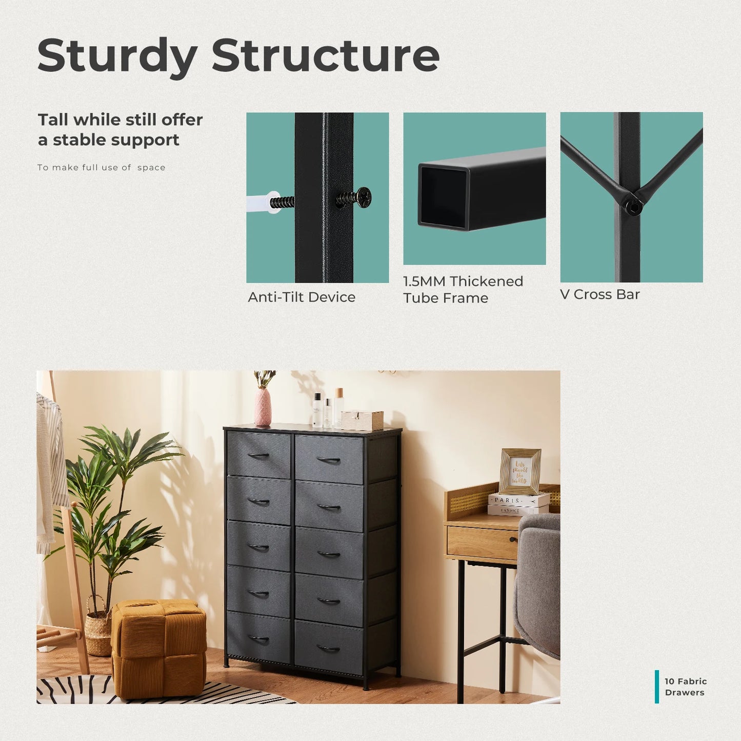 Bedside Table For Bedroom With 10 Fabric Drawers Nightstand Storage Cabinet