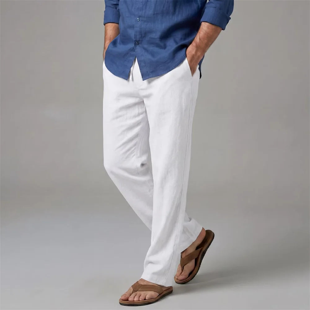 Men's Casual Business Pants Cotton Linen Straight Leg Solid Color Lightweight.
