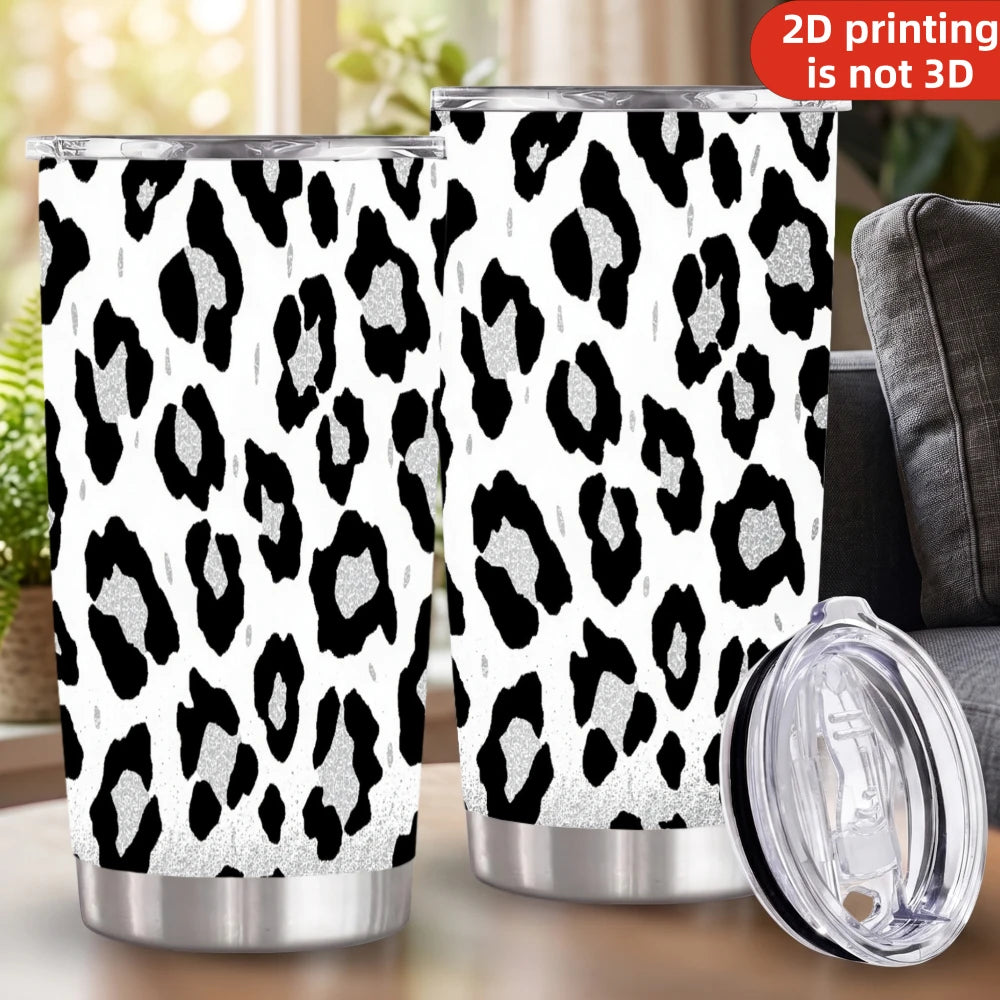 20oz Black Silver Glitter Leopard Print Stainless Steel Tumbler with Lid and Straw.