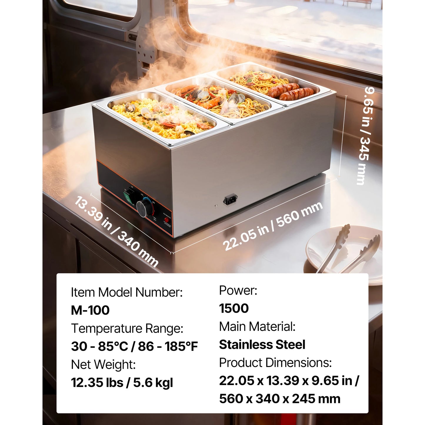 SucceBuy Commercial Food Warmer 1500W Electric Stainless Steel Steam Food Warmer with Power Cord & Divider Strip