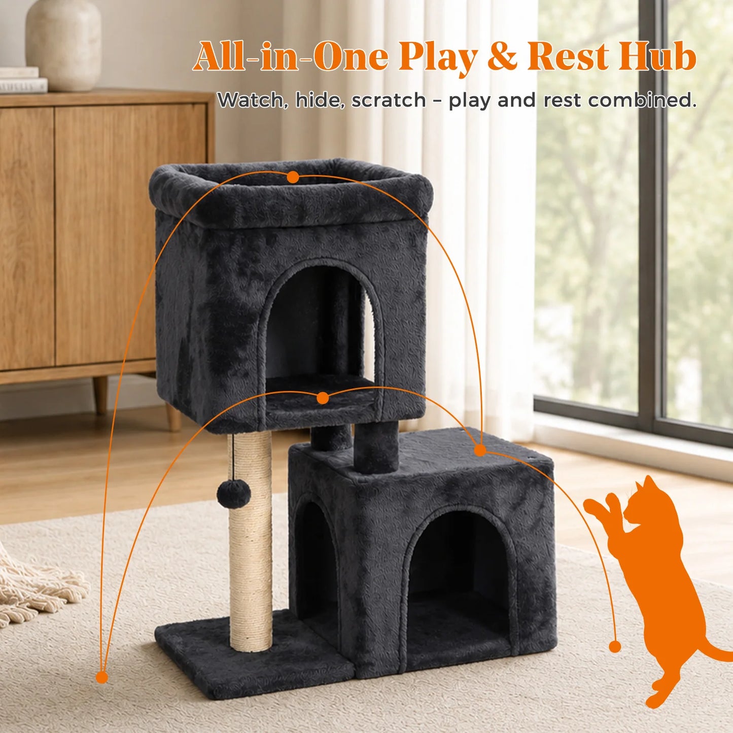 30-Inch Cat Tree with 2 Cozy Condos Sisal Scratching Post Soft Top Perch Hanging Pompom .