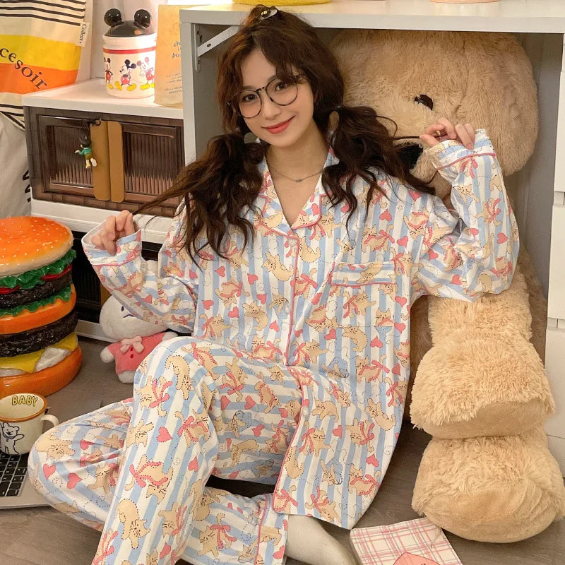 Korean Style Long-Sleeved Pajamas Set for Women Spring Autumn