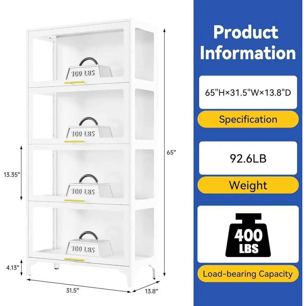 65 Tall Glass Display Cabinet with RGB LED Lights, 4-Tier Showcase for Figurines, Collectibles, Books (White)