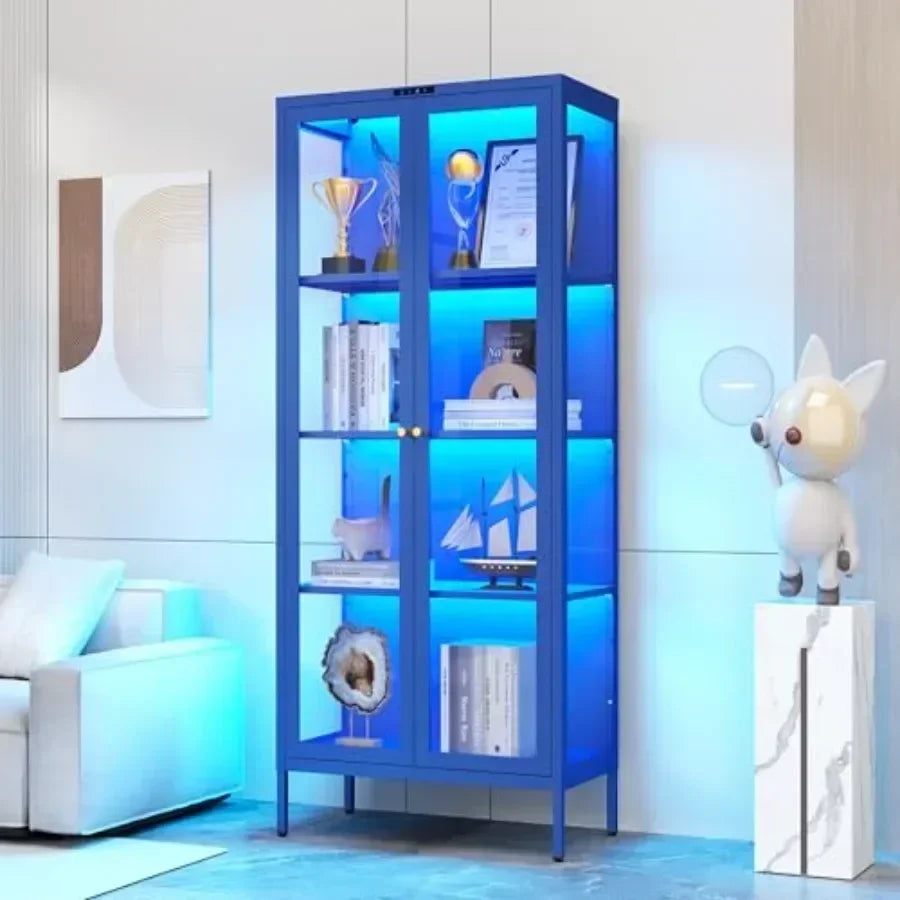 66 Glass Display Cabinet with 8-Color LED for Collectibles: Premium Tempered Glass, Sleek Black Frame,