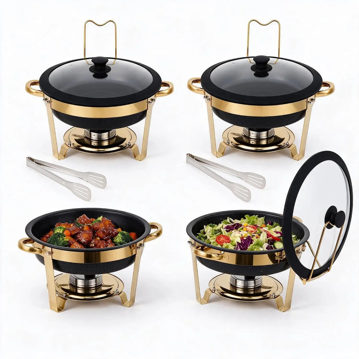 Chafing Dishes for Buffet 2/4/6Pack 6QT Black Maifanite-Coated Chafer Round Stainless Steel , Glass Lid Buffet Food Warmers .