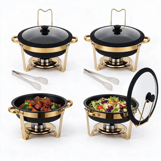 Chafing Dishes for Buffet 2/4/6Pack 6QT Black Maifanite-Coated Chafer Round Stainless Steel , Glass Lid Buffet Food Warmers .
