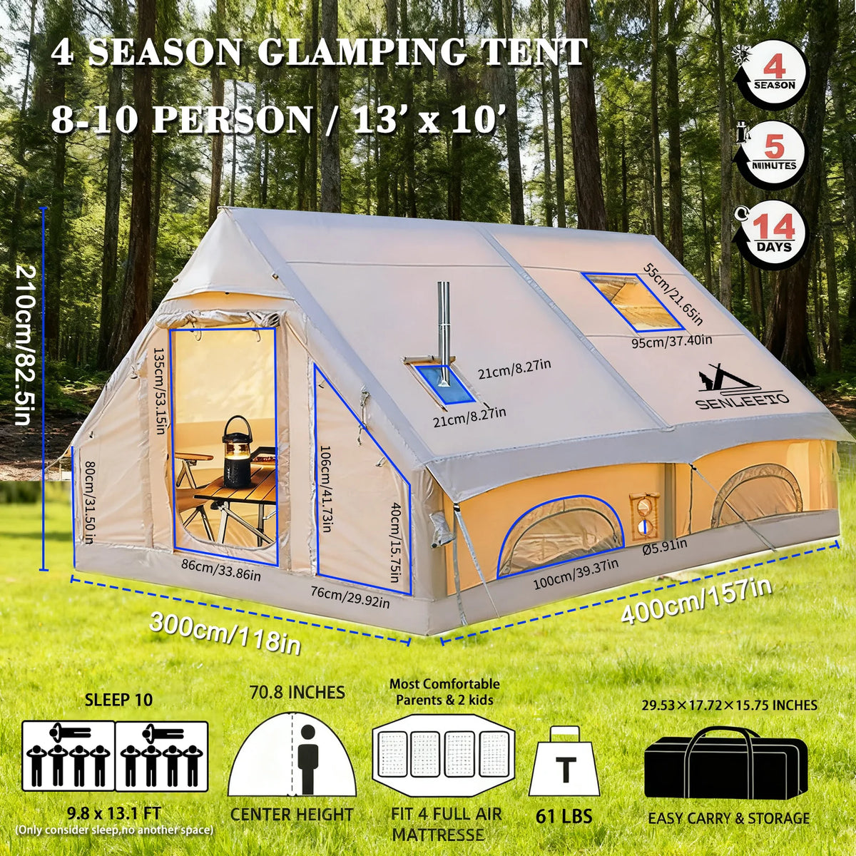 Inflatable Camping Tents 6-8 Person.,420D High-density Oxford Fabric Family Inflatable Tent House with Stove Jack&AC Vent, Easy Setup Blow up Tent with High Pressure Pump