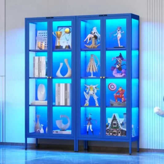 66 Glass Display Cabinet with 8-Color LED for Collectibles: Premium Tempered Glass, Sleek Black Frame,