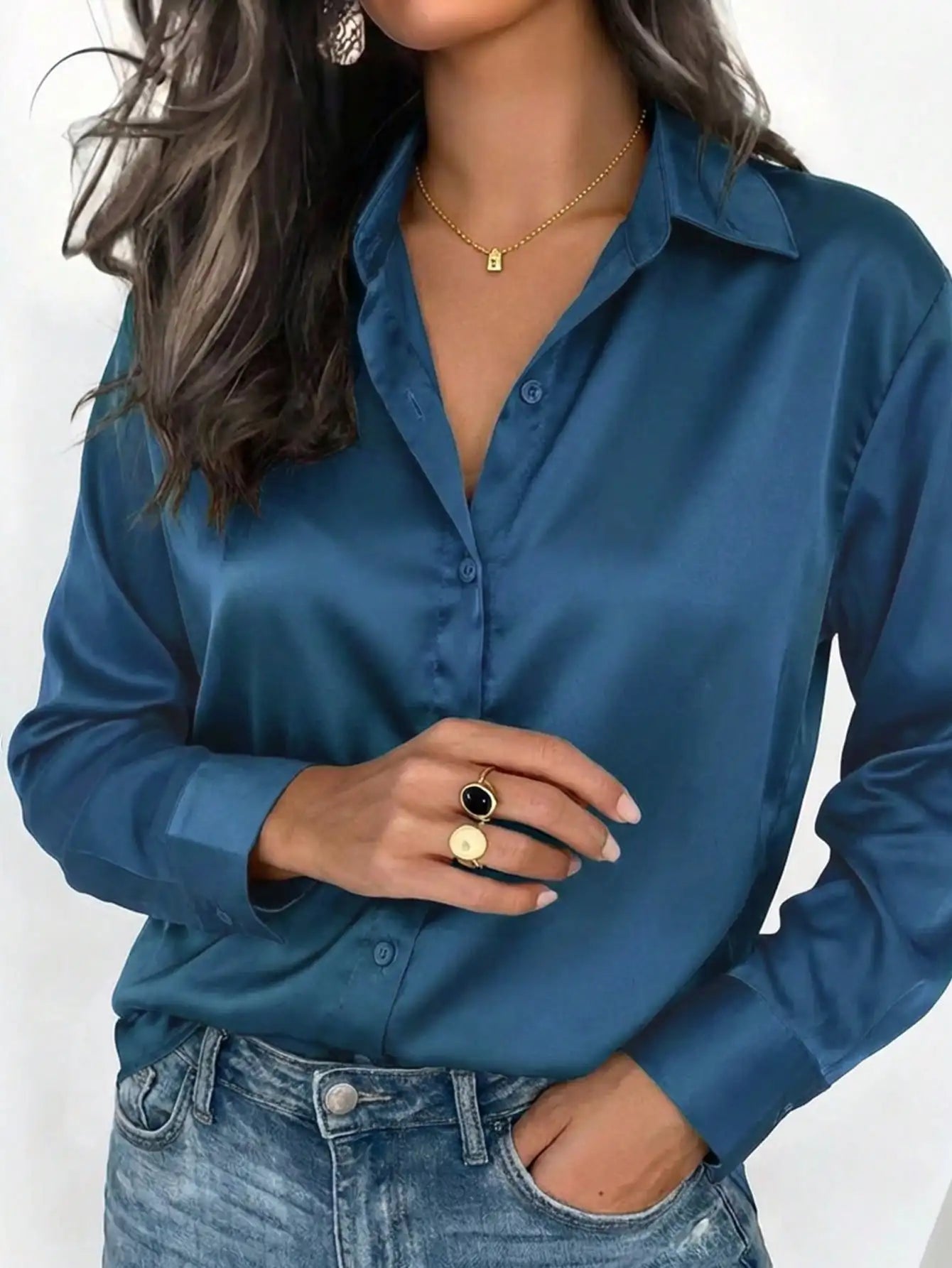 Women's Satin Button-Up Blouse, Apparel