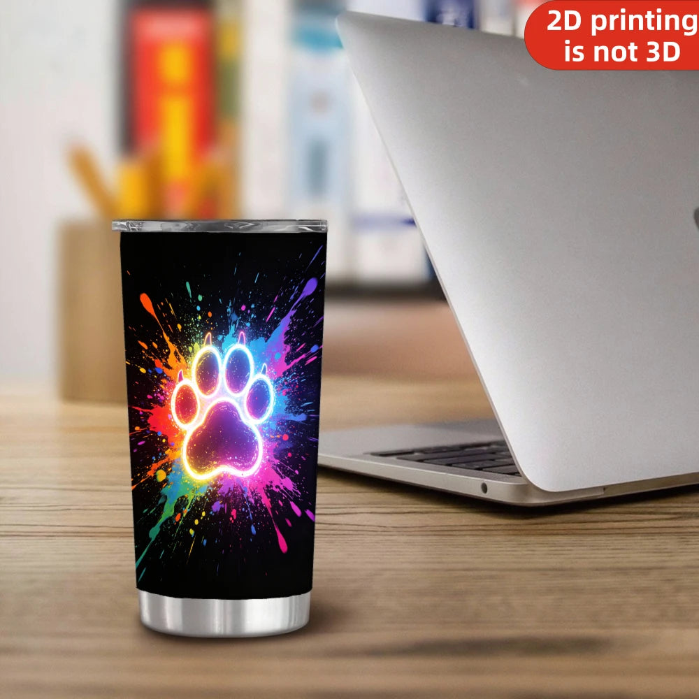 20oz Neon Glowing Paw Print Printed Stainless Steel Tumbler with Lid and Straw, Colorful Paint Splatter Dog Cat Paw Pet Lover .