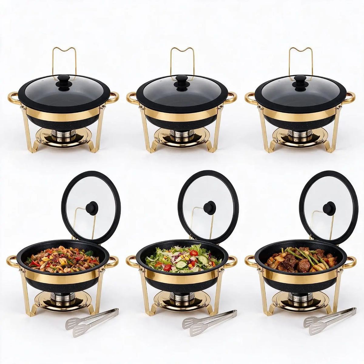 Chafing Dishes for Buffet 2/4/6Pack 6QT Black Maifanite-Coated Chafer Round Stainless Steel , Glass Lid Buffet Food Warmers .