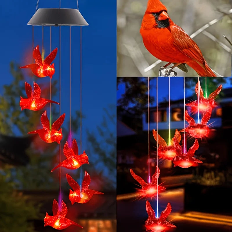 Solar-Powered Flaming Bird Wind Chime Lights for Outdoor Use, Featuring Waterproof Design And Vibrant Colors.